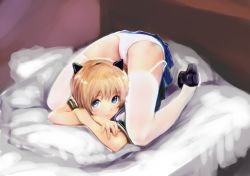 Rule 34 | 09 (qw20009), 1girl, animal ears, arched back, bed, blonde hair, blouse, blue eyes, blue skirt, extra ears, fake animal ears, flexible, from above, full body, garter straps, high heels, light smile, looking at viewer, looking through own legs, on bed, panties, plaid, plaid skirt, pleated skirt, school uniform, serafuku, shirt, skirt, solo, thighhighs, top-down bottom-up, underwear, upskirt, white panties, white shirt, white thighhighs