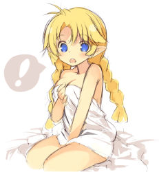 Rule 34 | !, 1girl, :o, bed sheet, blonde hair, blue eyes, blush, braid, breasts, cleavage, copyright request, elf, hair between eyes, kurasuke, long hair, looking at viewer, low twintails, medium breasts, naked sheet, on bed, open mouth, pointy ears, sitting, sketch, solo, spoken exclamation mark, teeth, twin braids, twintails, upper teeth only, very long hair