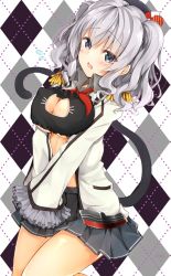 Rule 34 | 10s, 1girl, animal ears, argyle, argyle background, argyle clothes, bad id, bad pixiv id, blue eyes, breasts, cat cutout, cat lingerie, cleavage cutout, clothing cutout, gloves, highres, jacket, kantai collection, kashima (kancolle), large breasts, meme attire, minari (minari37), open clothes, open jacket, silver hair, solo, tail, twintails, underwear, uniform