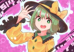 Rule 34 | 1girl, arm up, black hat, blouse, bow, breasts, brown background, collar, collared shirt, crystal, eyes visible through hair, frills, green eyes, green hair, hair between eyes, hand up, hat, hat bow, highres, jewelry, koishi day, komeiji koishi, long sleeves, looking at viewer, medium breasts, open mouth, pink background, shirt, short hair, smile, solo, touhou, upper body, wide sleeves, yellow bow, yellow shirt, zanasta0810