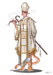 Rule 34 | 1boy, absurdres, animal feet, blood, cross, cross necklace, fingernails, fish, full body, green eyes, hat, highres, holding, holding staff, impaled, jewelry, long sideburns, male focus, mitre, necklace, original, pointy ears, priest, robe, sharp fingernails, short hair, sideburns, smile, solo, staff, standing, tail, tiger stripes, tiger tail, white robe, wide sleeves, xiaolumiaoliya