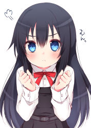 Rule 34 | &gt;:&lt;, 1girl, absurdres, asashio (kancolle), black hair, blue eyes, commentary request, cowboy shot, dress, highres, kantai collection, long hair, long sleeves, looking at viewer, neck ribbon, pinafore dress, red ribbon, ribbon, shirt, simple background, sleeveless, sleeveless dress, solo, v-shaped eyebrows, white background, white shirt, yuuzaki