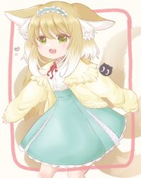 Rule 34 | 1girl, absurdres, animal ear fluff, animal ears, arknights, blonde hair, blue hairband, blue skirt, cardigan, commission, commissioner upload, feet out of frame, fox ears, fox girl, fox tail, frilled hairband, frills, green eyes, hairband, heart, heixiu, highres, kitsune, kuma desuyan, kyuubi, multiple tails, neck ribbon, non-web source, official alternate costume, open cardigan, open clothes, open mouth, red ribbon, ribbon, shirt, skeb commission, skirt, sleeves past wrists, solo, stitches, suzuran (arknights), suzuran (spring praise) (arknights), tail, luo xiaohei zhanji, white shirt, yellow cardigan