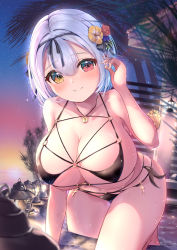 Rule 34 | 1girl, absurdres, alicia renato (yashiro sousaku), bare arms, bare legs, bikini, black bikini, blue hair, breasts, cleavage, closed mouth, collarbone, commentary request, commission, evening, flower, fujinomiya rio, hair flower, hair ornament, hair ribbon, heterochromia, highres, huge breasts, knee up, lantern, leaning, looking at viewer, navel, o-ring, o-ring bikini, ocean, original, palm tree, red eyes, ribbon, smile, solo, sunset, swimsuit, thighs, tree, wet, yellow eyes