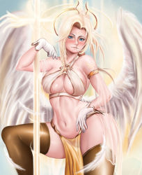 Rule 34 | 1girl, alternate costume, alternate hairstyle, alternate legwear, alternate wings, armlet, blonde hair, blue eyes, blush, braid, breasts, brown thighhighs, cleavage, contrapposto, criss-cross halter, facial mark, feathered wings, forehead mark, gimgugnae, gloves, halo, halterneck, halterneck, highres, large breasts, loincloth, long hair, mercy (overwatch), midriff, navel, nose, overwatch, overwatch 1, side braid, solo, staff, standing, thighhighs, thighs, white gloves, wings