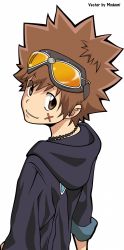 Rule 34 | 00s, 1boy, brown eyes, brown hair, goggles, jewelry, katekyo hitman reborn!, male focus, modemi, necklace, over shoulder, sawada tsunayoshi, simple background, solo, white background