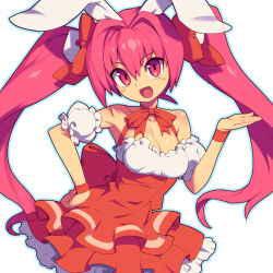 Rule 34 | 1girl, animal ears, blush stickers, breasts, rabbit ears, cleavage, di gi charat, dice hair ornament, hair ornament, hand on own hip, long hair, looking at viewer, medium breasts, metata, open mouth, pink eyes, pink hair, simple background, solo, twintails, usada hikaru, white background