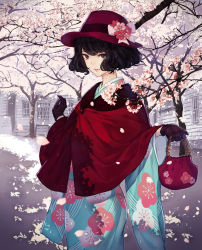 Rule 34 | 1girl, bag, black hair, blue kimono, bow, brown gloves, building, capelet, cherry blossoms, commentary request, floral print, flower, gloves, handbag, hat, hat bow, hat flower, highres, holding, holding bag, japanese clothes, kaoming, kimono, long sleeves, looking at viewer, original, parted lips, pink flower, print kimono, purple eyes, red capelet, red flower, red hat, short hair, solo, tree, white bow, white flower, wide sleeves, window