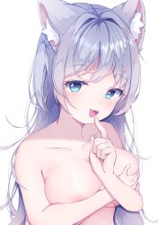 Rule 34 | :3, animal ear fluff, animal ears, bare shoulders, blue eyes, grabbing another&#039;s breast, breasts, breasts squeezed together, cat ears, cat girl, collarbone, covering privates, covering breasts, finger to mouth, grabbing, grabbing own breast, highres, komugi (2212), large breasts, long hair, messy hair, open mouth, original, sidelocks, silver hair, simple background, solo, swept bangs, tongue, upper body, white background