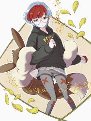 Rule 34 | 1girl, backpack, bag, black hoodie, blue hair, brown bag, commentary request, creatures (company), eevee, game freak, gen 1 pokemon, glasses, haruto irasuto, highres, holding, holding poke ball, hood, hoodie, long sleeves, looking at viewer, multicolored hair, nintendo, pantyhose, parted lips, penny (pokemon), poke ball, poke ball (basic), pokemon, pokemon sv, print pantyhose, red hair, round eyewear, see-through, see-through skirt, short hair, shorts, skirt, solo, themed object, two-tone hair