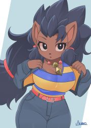 Rule 34 | 1girl, artist name, belt, black hair, body fur, breasts, brown fur, cropped jacket, denim, female focus, furry, furry female, hedgehog girl, high-waist pants, highres, jeans, jewelry, large breasts, long hair, looking at viewer, low-tied long hair, necklace, original, pants, ryuusui arumo, shirt, shirt tucked in, solo, striped clothes, striped shirt