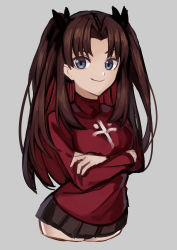 Rule 34 | 1girl, absurdres, black ribbon, black skirt, blue eyes, breasts, brown hair, closed mouth, cropped legs, cross, fate/stay night, fate (series), grey background, hair intakes, hair ribbon, highres, imuzi, long hair, long sleeves, looking at viewer, microskirt, pleated skirt, red shirt, ribbon, shirt, simple background, skirt, small breasts, smile, solo, tohsaka rin, turtleneck, two side up