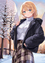 Rule 34 | 1girl, absurdres, belt, black jacket, blonde hair, blush, breasts, breath, closed mouth, commentary, commentary request, cowboy shot, green eyes, highres, jacket, long sleeves, looking at viewer, medium breasts, nagiha kuten, open clothes, open jacket, original, outdoors, plaid, plaid skirt, ribbed sweater, short hair, skirt, smile, snow, solo, sweater, tree, turtleneck, turtleneck sweater, white sweater, winter