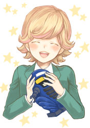 Rule 34 | 10s, 1boy, ^ ^, barnaby brooks jr., blonde hair, closed eyes, male focus, mikki, necktie, open mouth, robot, short hair, smile, solo, tiger &amp; bunny, toy, toy robot, white background, aged down