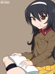 Rule 34 | 10s, 1girl, :t, artist name, black footwear, black hair, book, boots, brown background, brown eyes, brown jacket, chi-hatan (emblem), chi-hatan military uniform, closed mouth, commentary, dated, emblem, food, food on face, from side, girls und panzer, hairband, highres, holding, holding book, indian style, jacket, long hair, long sleeves, looking at viewer, military, military uniform, miniskirt, one-hour drawing challenge, pleated skirt, reizei mako, shiroobi (whitebeltmaster), simple background, sitting, skirt, solo, uniform, watermark, white hairband, yellow skirt