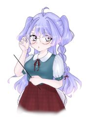 Rule 34 | 1girl, :o, alternate costume, amiya aranha, amiya aranha (artist), blue shirt, blush, braid, breasts, collared shirt, commentary, english commentary, glasses, highres, holding, holding pointer, indie virtual youtuber, long hair, looking to the side, medium breasts, plaid, plaid skirt, pointer, purple eyes, purple hair, red skirt, round eyewear, shirt, shirt tucked in, side braids, simple background, skirt, solo, two side up, unmoving pattern, very long hair, virtual youtuber, white background