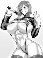 Rule 34 | 1girl, abs, breasts, cameltoe, covered erect nipples, crop top, female focus, hammer, huge breasts, jujutsu kaisen, kugisaki nobara, monochrome, nail, nipples, partially visible vulva, puripuri jet, pussy, slingshot swimsuit, smile, solo, swimsuit, swimsuit under clothes, thighhighs
