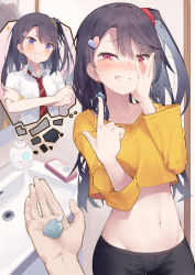 Rule 34 | 1girl, black hair, blue eyes, blush, clenched teeth, collarbone, commentary request, contact lens, cowboy shot, crop top, crop top overhang, crossed arms, groin, hair ornament, hair scrunchie, hands up, long hair, long sleeves, looking at viewer, midriff, navel, necktie, nose blush, one side up, original, red eyes, scrunchie, shirt, smile, solo, sparkle, standing, stomach, tears, teeth, thought bubble, tokuno yuika, uneven eyes, v-shaped eyebrows, white shirt, wrist scrunchie, yellow shirt