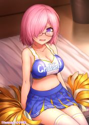 Rule 34 | 1girl, alternate costume, artist name, bare arms, bare shoulders, bed, black-framed eyewear, blue skirt, blush, breasts, cheerleader, cleavage, clothes writing, collarbone, commentary request, cowboy shot, crop top, fate/grand order, fate (series), glasses, hair over one eye, highres, holding, holding pom poms, indoors, large breasts, looking at viewer, looking over eyewear, mash kyrielight, midriff, miniskirt, navel, on bed, open mouth, oyaji-sou, pink hair, pleated skirt, pom pom (cheerleading), pom poms, purple eyes, shirt, short hair, sitting, skirt, sleeveless, sleeveless shirt, solo, stomach, thighhighs, white thighhighs, zettai ryouiki