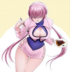 Rule 34 | 1girl, breasts, cake, cleavage, cleavage cutout, clothing cutout, earrings, food, heart, heart earrings, jewelry, large breasts, red hair, shermie (kof), smile, solo, the king of fighters