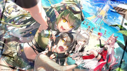 Rule 34 | 5boys, 6+girls, absurdres, ahoge, animal ear fluff, animal ears, arknights, arm around neck, asymmetrical gloves, bare shoulders, barefoot, beach, beach chair, belt pouch, bikini, bikini top only, black gloves, black hair, blue sky, bracelet, breasts, bridal gauntlets, chair, cleavage, cloud, company name, copyright name, crocodilian tail, cup, day, dreadlocks, drinking glass, dutch angle, elbow gloves, elysium (arknights), elysium (shimmering dew) (arknights), eunectes (arknights), fingerless gloves, foreshortening, gas mask, gavial (arknights), gavial the invincible (arknights), gloves, goggles, goggles on head, green bikini, green hair, green shorts, hair between eyes, hair intakes, hair over one eye, highres, holding, holding cup, horizon, jewelry, knife sheath, knife sheath, lens flare, light smile, logo, long hair, looking at viewer, lounge chair, mask, mask around neck, medium breasts, midriff, minimalist (arknights), multicolored hair, multiple boys, multiple girls, navel, ocean, official art, one eye covered, open mouth, outdoors, outstretched arm, partially fingerless gloves, pink hair, pointy ears, pouch, pozyomka (arknights), rainbow, reaching, reaching towards viewer, red eyes, redrop, sand, selfie, sheath, short hair, short shorts, shorts, sky, small breasts, smile, streaked hair, sunlight, swimsuit, tail, tomimi (arknights), torn clothes, torn gloves, twintails, two-tone hair, v-shaped eyebrows, viewfinder, w, water, water slide, wet lens, white gloves, white hair, yellow eyes