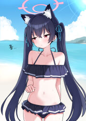 Rule 34 | 1girl, absurdres, animal ear fluff, animal ears, bare arms, bare legs, bare shoulders, bikini, black bikini, black hair, blue archive, blush, breasts, cat ears, closed mouth, collarbone, cowboy shot, day, extra ears, hair between eyes, halo, highres, long hair, navel, official alternate costume, outdoors, pink halo, red eyes, saho 4545, serika (blue archive), serika (swimsuit) (blue archive), small breasts, solo, swimsuit, twintails