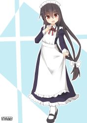 Rule 34 | 1girl, alternate costume, apron, artist name, black dress, black footwear, black hair, blush, brown eyes, collared dress, dress, enmaided, flat chest, frilled apron, frills, full body, hair between eyes, hand on own chest, hatsushimo (kancolle), highres, kantai collection, long dress, long hair, long sleeves, looking at viewer, low-tied long hair, maid, maid apron, maid headdress, open mouth, pepatiku, red neckwear, ribbon, smile, solo, white apron, white background, white legwear, wrist cuffs