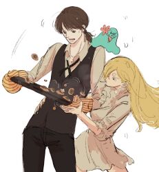 1boy 1girl blonde_hair breasts brown_hair charlotte_pudding cigarette cookie curly_eyebrows dress fengcheche food genderswap genderswap_(ftm) genderswap_(mtf) hetero highres holding long_hair nitro_(one_piece) one_piece sanji_(one_piece) sweatdrop