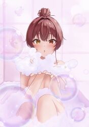 Rule 34 | 1girl, absurdres, alternate hairstyle, bath, bathing, bathtub, blush, breasts, bubble, bubble bath, commentary, completely nude, feet out of frame, hair bun, hair intakes, heterochromia, highres, hololive, houshou marine, looking at viewer, medium breasts, mt mozuku, nude, own hands together, parted lips, puckered lips, red eyes, reflection, short hair, solo, tile wall, tiles, virtual youtuber, wet, yellow eyes