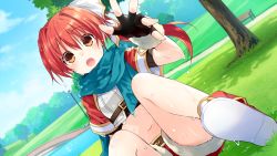 Rule 34 | 10s, 1girl, :o, aged down, belt, bench, black gloves, blush, brown eyes, day, dutch angle, falcom (neptunia), fingerless gloves, game cg, gloves, grass, hair ribbon, highres, lamppost, looking at viewer, midriff, navel, neptune (series), official art, open mouth, orange eyes, outdoors, path, red hair, ribbon, road, scarf, shoes, shorts, side ponytail, sitting, solo, tree, tsunako, water, wet, wet clothes