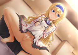 Rule 34 | 10s, 1girl, bare legs, barefoot, blush, cecilia alcott, censored, closed mouth, clothes lift, collared dress, dress, dutch angle, frown, hairband, infinite stratos, lifted by self, long hair, long sleeves, looking at viewer, no panties, presenting, purple ribbon, pussy, pussy juice, ribbon, skirt, skirt lift, solo, spread legs, takuya kame, very long hair, white dress, wing collar