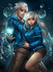 Rule 34 | 1boy, 1girl, artist request, blue eyes, energy ball, genderswap, genderswap (mtf), hood, hood down, hoodie, ice, jack frost (rise of the guardians), lips, long hair, long sleeves, looking at viewer, matching outfits, outstretched hand, pants, rise of the guardians, short hair, shorts, smile, source request, standing, white hair