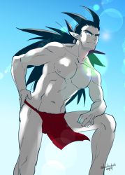 Rule 34 | 1boy, antenna hair, artist name, bare pectorals, blue sky, closed mouth, day, dragon quest, dragon quest builders, dragon quest builders 2, fundoshi, highres, japanese clothes, lens flare, locksuke, long hair, looking up, male focus, male underwear, pectorals, pelvic curtain, pointy ears, red male underwear, sidoh (dqb2), sky, solo, twitter username