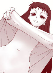 Rule 34 | 00s, 1girl, ar tonelico, ar tonelico ii, bottomless, censored, clothes lift, flat chest, gust, jakuri (ar tonelico), kouda tomohiro, long hair, monochrome, mosaic censoring, naughty face, no bra, pussy, pussy peek, shirt lift, simple background, smile, solo