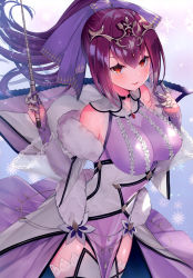 Rule 34 | 1girl, absurdres, breasts, covered mouth, dress, fate/grand order, fate (series), fur-trimmed dress, fur trim, hair between eyes, headpiece, highres, holding, holding wand, looking at viewer, medium breasts, purple dress, purple hair, purple ribbon, red eyes, ribbon, scathach (fate), scathach skadi (fate), scathach skadi (third ascension) (fate), solo, suzuho hotaru, third-party source, tiara, wand