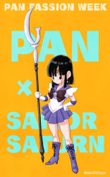 Rule 34 | 1girl, back bow, bad id, bad pixiv id, bishoujo senshi sailor moon, black eyes, black hair, boots, bow, brooch, character name, circlet, closed mouth, company connection, cosplay, cross-laced footwear, dragon ball, dragon ball gt, elbow gloves, full body, gloves, highres, holding, holding weapon, jewelry, knee boots, lace-up boots, magical girl, medium hair, pan (dragon ball), pipi2020pipi, pleated skirt, purple footwear, purple skirt, sailor saturn, sailor saturn (cosplay), sailor senshi uniform, skirt, smile, solo, standing, star brooch, toei animation, voice actor connection, weapon, white gloves