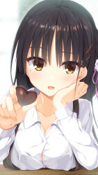 Rule 34 | 1girl, aria (koiiroharemoyou), black hair, blush, braid, breast rest, breasts, breasts on table, cafe stella to shinigami no chou, candy, chocolate, chocolate heart, cleavage, collarbone, collared shirt, commentary, eyelashes, eyes visible through hair, fingernails, flower, food, furrowed brow, hair between eyes, hair flower, hair ornament, hair ribbon, hairclip, hand on own cheek, hand on own face, head tilt, heart, highres, holding, holding chocolate, holding food, large breasts, long hair, looking at viewer, mole, mole under eye, open mouth, pink ribbon, pov, reaching, reaching towards viewer, ribbon, shiki natsume, shirt, side braid, sidelocks, simple background, smile, solo, suspenders, white background, white shirt, yellow eyes