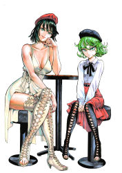 Rule 34 | 2girls, absurdres, beret, between legs, black footwear, black hair, black headwear, boots, breasts, casual, collarbone, commentary, cross-laced footwear, dress, english commentary, fingernails, flat chest, flipped hair, fubuki (one-punch man), full body, green eyes, green hair, green nails, hand between legs, hat, head rest, high-waist skirt, high heel boots, high heels, highres, jigme tenzin wangchuk, lace-up boots, lips, long dress, long hair, marker (medium), medium breasts, multiple girls, murata yuusuke (style), nail polish, no bra, official style, one-punch man, pelvic curtain, plunging neckline, red headwear, red skirt, shirt, siblings, sisters, sitting, skirt, sleeveless, sleeveless dress, spaghetti strap, stool, straight hair, sundress, table, tatsumaki, thigh boots, thighhighs, toeless footwear, toenail polish, toenails, traditional media, v arms, white background, white dress, white footwear, white shirt