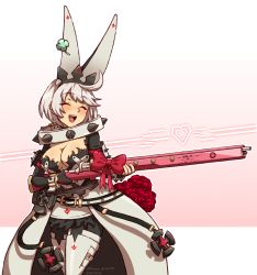 Rule 34 | animal ears, breasts, caramelized tomatoes, cleavage, collar, dress, elphelt valentine, closed eyes, fake animal ears, flower, guilty gear, gun, ms. confille, revolver rifle, ribbon, rifle, rose, short hair, smile, solo, spiked collar, spikes, weapon, white hair, white legwear