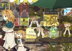 Rule 34 | 6+girls, absurdres, animal ears, black skirt, blonde hair, blue eyes, rabbit ears, cabbie hat, child, cup, closed eyes, fantasy, food, fruit, green hair, hat, highres, holding, holding cup, juice, kuramono-mochi, leaf, money, monster girl, mother and daughter, multiple girls, one eye closed, open mouth, original, outdoors, pleated skirt, pointing, pointy ears, sitting, skirt, slime girl, standing, table, witch hat