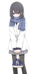 Rule 34 | 1girl, absurdres, bag, black hair, black pantyhose, blue scarf, blush, buttons, dot nose, feet out of frame, grey skirt, hair between eyes, highres, holding, holding bag, jacket, legs apart, long hair, long sleeves, looking at viewer, matsuda hikari, miniskirt, open mouth, original, own hands together, pantyhose, plaid, plaid scarf, pleated skirt, purple eyes, scarf, sidelocks, simple background, skirt, sleeve cuffs, solo, white background, white jacket