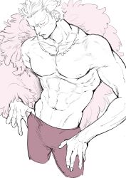 Rule 34 | 1boy, abs, absurdres, blonde hair, closed eyes, coat, cowboy shot, donquixote doflamingo, earrings, feather coat, highres, jewelry, male focus, muscular, muscular male, navel, necklace, nowosuke, one piece, parted lips, partially colored, pectorals, pink coat, short hair, simple background, sunglasses, topless male, white background