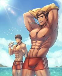 Rule 34 | 2boys, abs, bara, beach, brown hair, bulge, closed mouth, highres, large pectorals, lifeguard, looking at another, looking at viewer, male focus, male swimwear, mature male, multiple boys, muscular, muscular male, navel, nipples, oneirio, open mouth, original, pectorals, red male swimwear, short hair, shorts, smile, summer, swim trunks, wet, whistle, whistle around neck