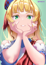 Rule 34 | 1girl, blonde hair, commentary, english commentary, green background, green eyes, hat, heanna sumire, jewelry, kitatyoco, long hair, looking at viewer, love live!, love live! superstar!!, portrait, ring, sash, smile, solo, start!! true dreams (love live!), twitter username