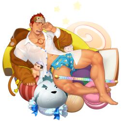 Rule 34 | 1boy, abs, alternate costume, bara, bernard (gyee), candy, chest tattoo, facial hair, food, grancy (gyee), gyee, itto (mentaiko), jacket, kong (gyee), lying, male focus, manly, mature male, muscular, muscular male, nipples, official art, on back, pajamas, pectorals, pillow, red eyes, red hair, saliva, shirt, simple background, sleep mask, sleepy, solo, spiked hair, staff, stubble, tattoo, thick eyebrows, thick thighs, thighs, underwear, white background, white shirt, yan (gyee)