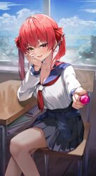 Rule 34 | 1girl, candy, food, highres, hololive, houshou marine, lollipop, looking at viewer, red eyes, red hair, sailor collar, school uniform, shuvi (shuvi1125), sitting, smile, solo, virtual youtuber, yellow eyes