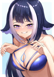 Rule 34 | 1girl, absurdres, animal ears, art rat, belt collar, bikini, black hair, blue bikini, blue collar, breasts, chest tattoo, claw pose, cleavage, collar, commentary, criss-cross halter, english commentary, facial tattoo, grin, halterneck, highres, indie virtual youtuber, large breasts, long hair, looking at viewer, multicolored hair, orca girl, purple eyes, shylily, shylily (bikini), smile, streaked hair, swimsuit, tattoo, virtual youtuber, wet, white hair