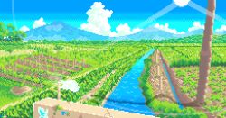 absurdres blue_sky cloud cloudy_sky day farm field forest grass highres hill horizon indonesia mountain mountainous_horizon nature no_humans original pixel_art plant river rural scenery sky tomoruka_mr tree water