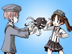 Rule 34 | 10s, 2girls, brown eyes, brown hair, dress, enemy naval mine (kancolle), gradient background, hat, kantai collection, magatama, miniskirt, multiple girls, open mouth, ryuujou (kancolle), sailor dress, sailor hat, short hair, sixten, skirt, suspenders, tentacles, tossing, twintails, visor cap, z3 max schultz (kancolle)