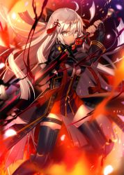 Rule 34 | 1girl, ahoge, arm guards, black bow, black coat, bow, breasts, center opening, cleavage cutout, clothing cutout, coat, commentary request, dark-skinned female, dark skin, darkness, dress, fate/grand order, fate (series), fire, flower knot, fuyuki (neigedhiver), hair bow, high collar, highres, holding, holding sword, holding weapon, katana, koha-ace, large breasts, light particles, long hair, okita souji (fate), okita souji alter (fate), red dress, serious, solo, sword, tagme, tassel, thighhighs, very long hair, weapon, white eyes, white hair, zettai ryouiki
